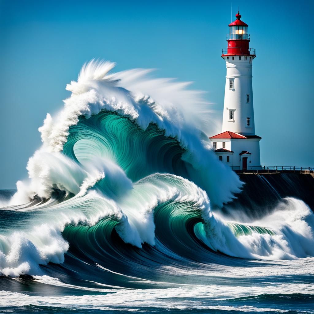 fantastic rolling ocean waves batering a lighthouse