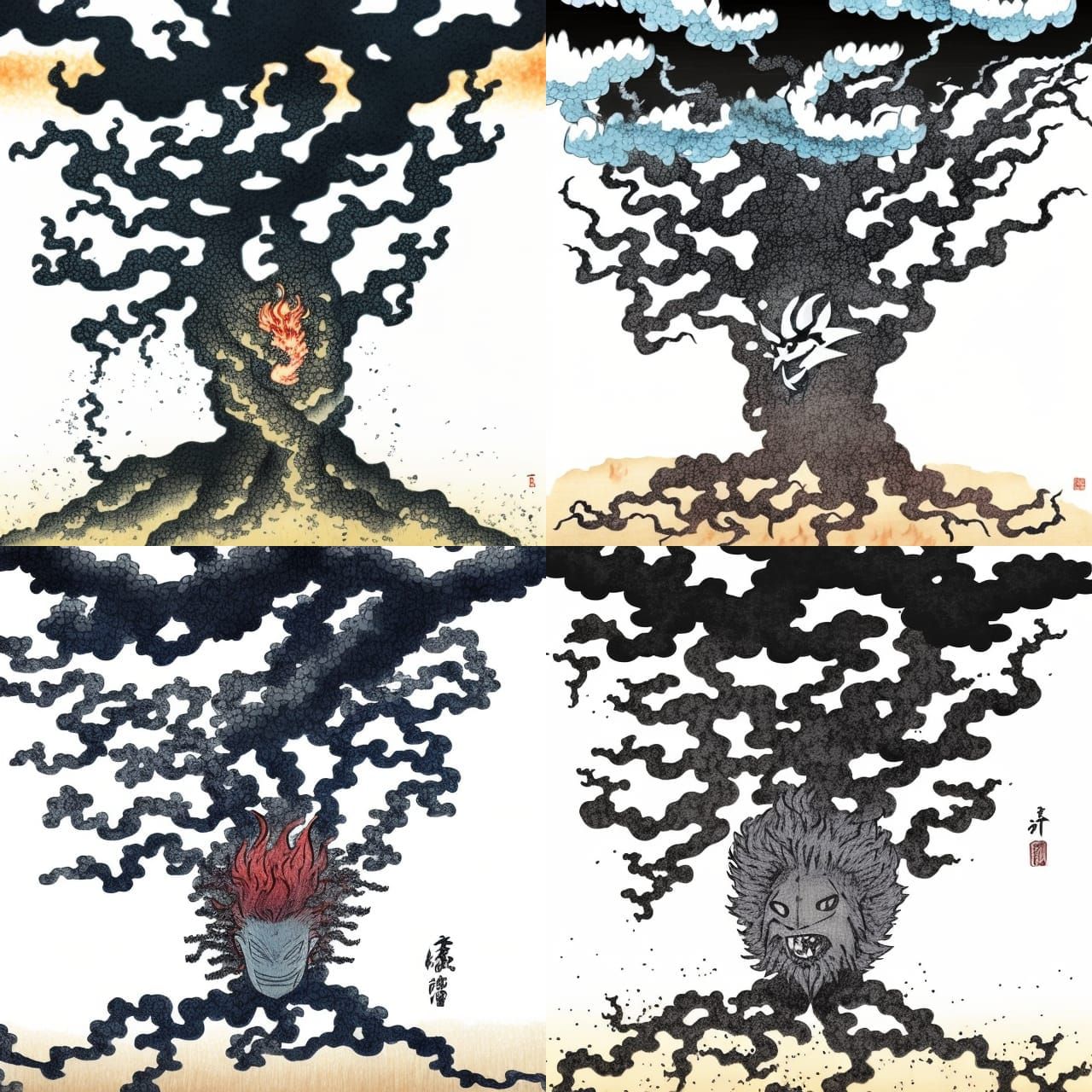 A floating demon head under a tree with Flaming Hair paintin...