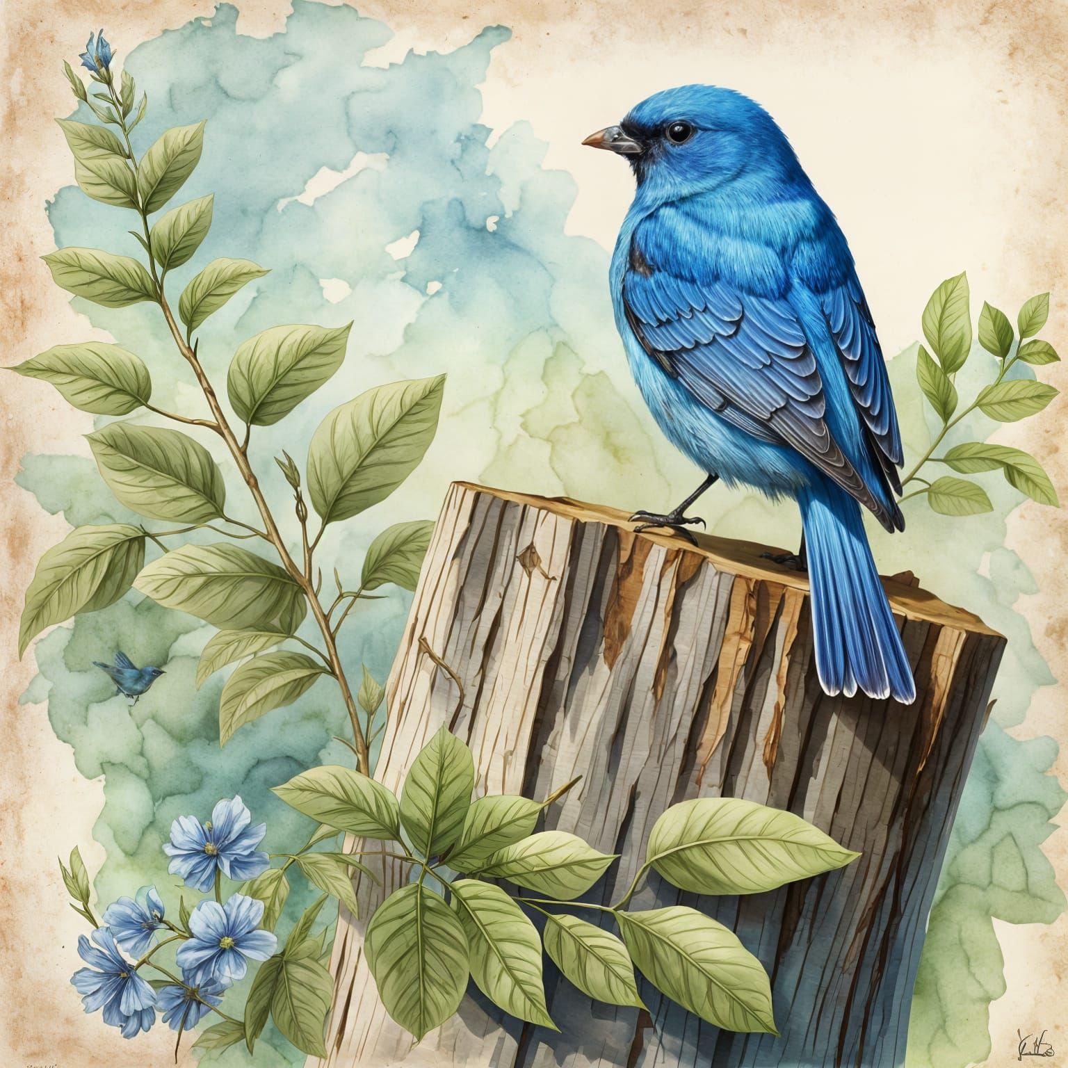 Indigo bunting on a tree stump  by @Tymelle