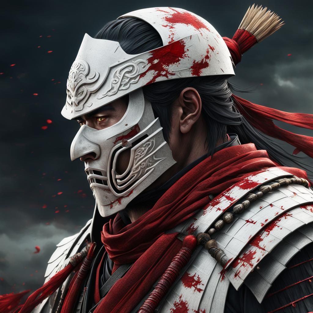 A samurai white armor. Wearing a blood red scarf around his neck. Like ...