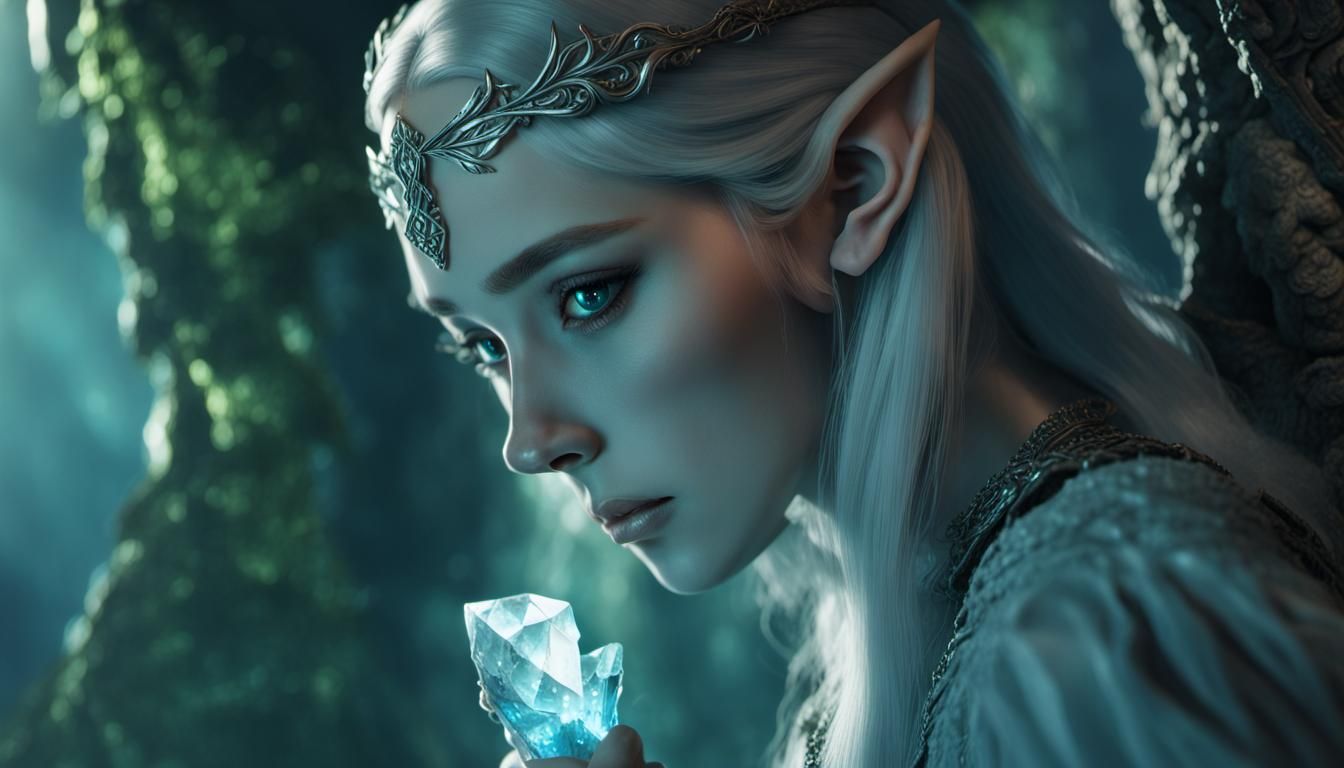 A beautiful elven maid stands in closeup holding a crystal. The maid's elven features are subtle and ethereal. 