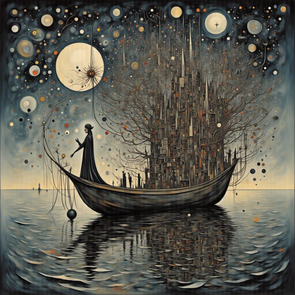 Boat of resurrection leads the newborn to cosmic trees of today  <lora:Inked Sky:1.0>