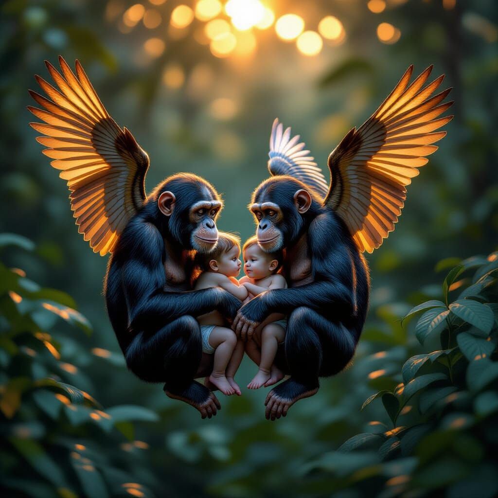 Photograph. Sock design. A repeating pattern of winged chimpanzees cradling human orphans in their wings, golden hour, cinematic lighting. B...