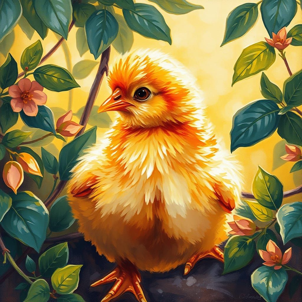 Impressionist Chick in Golden Light with Lush Foliage