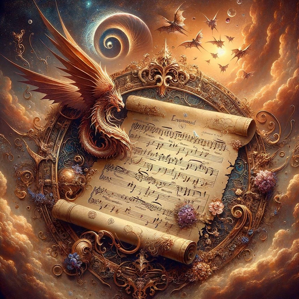 A score with musical notes on parchment fineness and details. AI