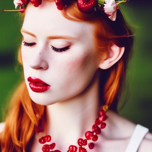 cherry necklace eyes closed strawberry redhead maiden up clo...