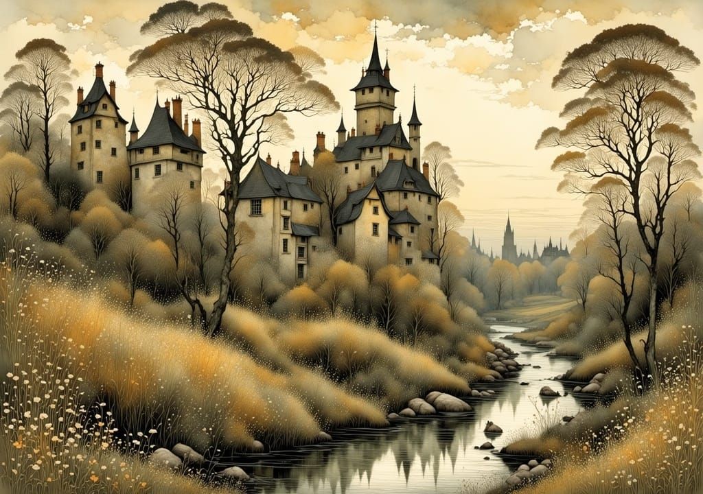 little town, by Arthur Rackham, Caspar David Friedrich and Paul Klee <lora:landscape world:1.0> 