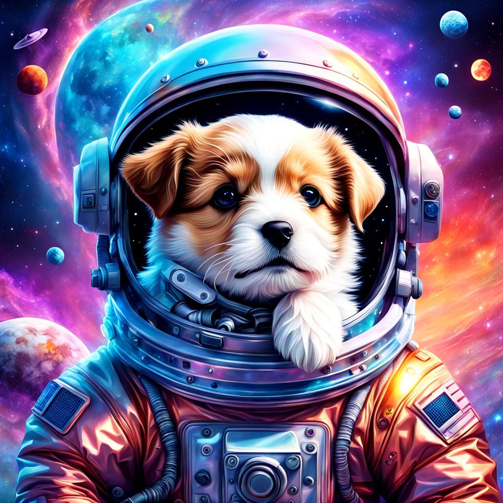 A cute puppy in a spacesuit