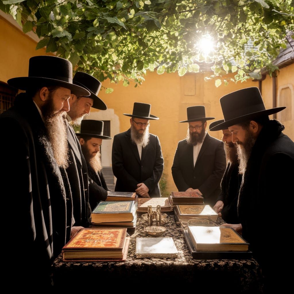 Hasidic Gathering in Sun-Drenched Courtyard