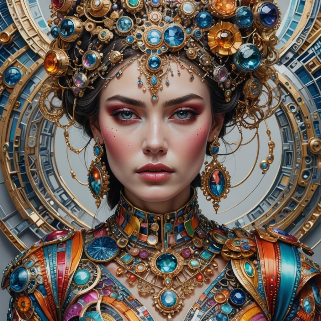 Hyperrealistic portrait of a beautiful woman wearing intrica...