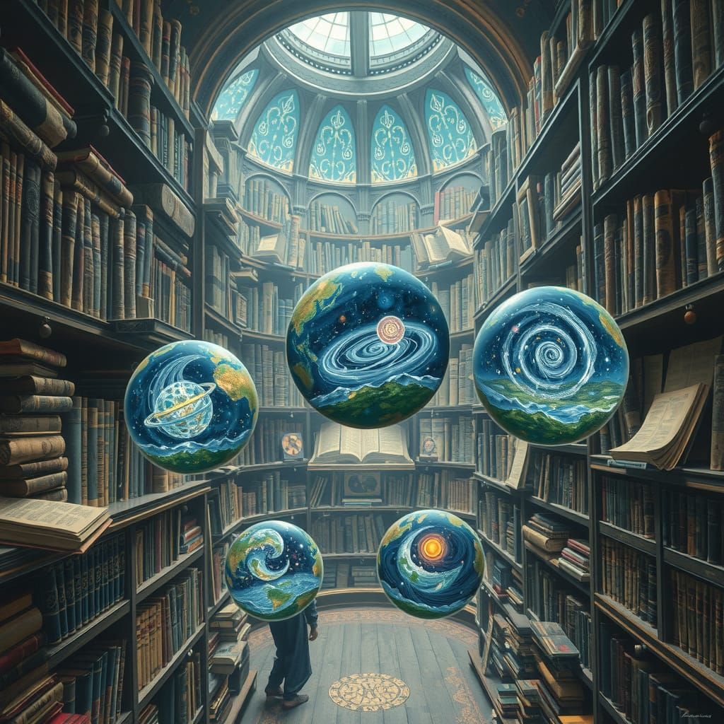 Four Small Translucent glass orbs with different universes surrounded by a maximalist library : ethereal Lighting : intricate and hyperdetai...