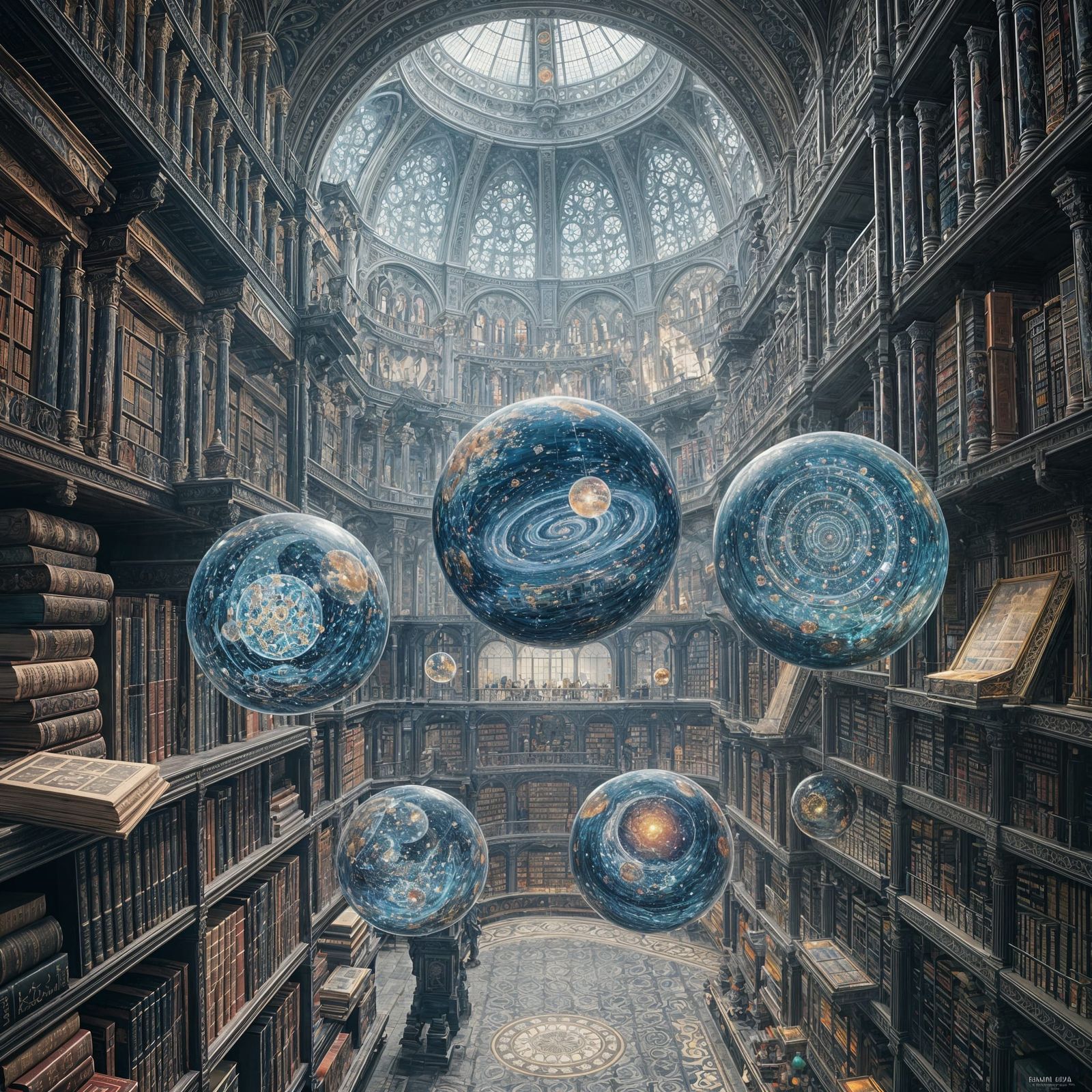 Four Small Translucent glass orbs with different universes surrounded by a maximalist library : ethereal ...  by @Original_Fopo