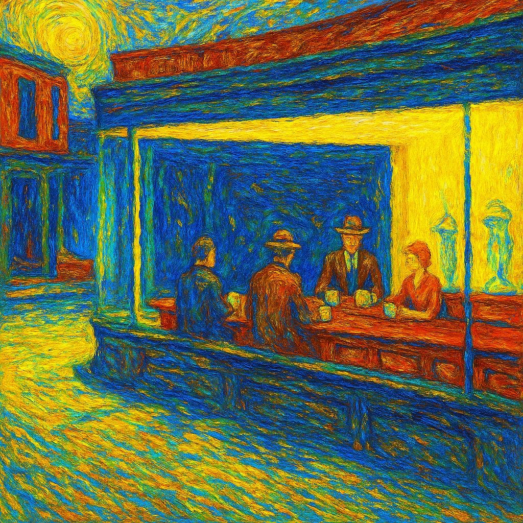 Recreate Edward Hopper's Nighthawk Bar painting in the style of Vincent van Gough