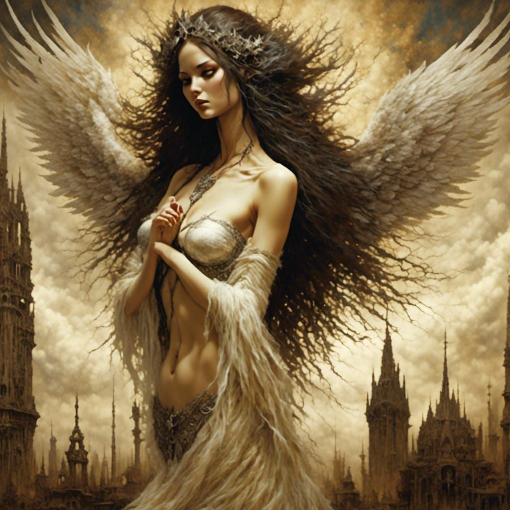 Seductress Angel, 6 wings, long flowing hair, fur body, painting of a ...