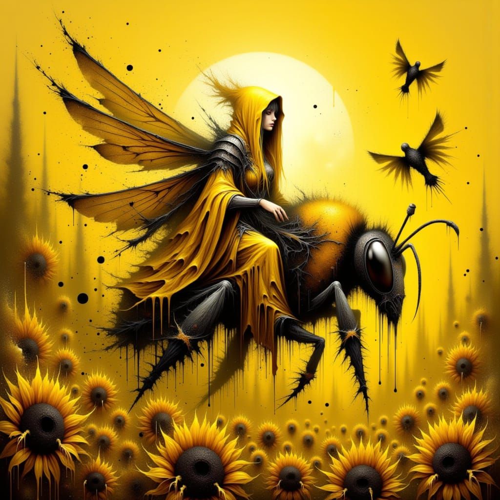 <lora:All About The Drip:1.0> Imagine a composition brimming with ink splatters and copious drippings of paint. The central figure is a hood...