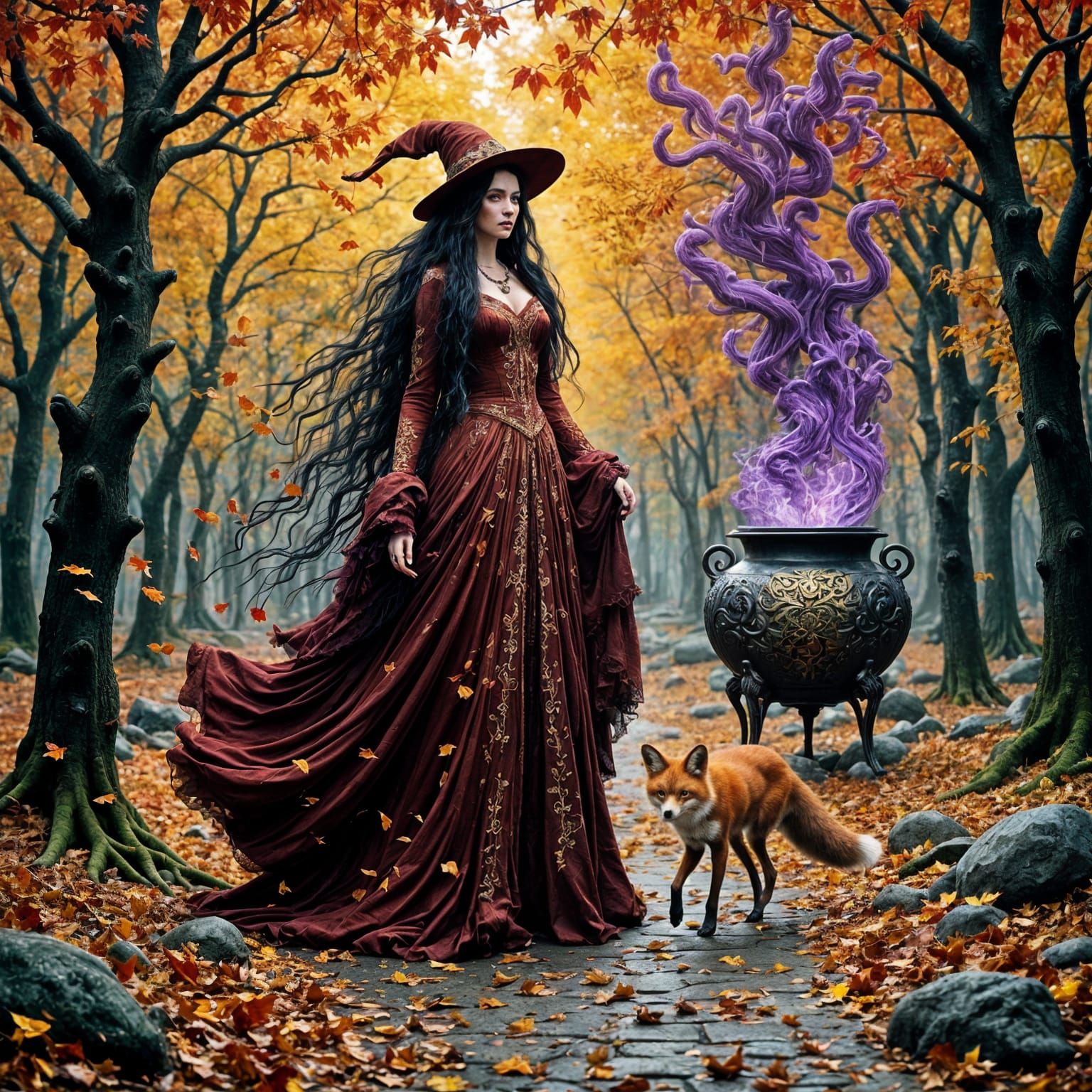 <lora:Ladybird-in-Flux:1.0>Autumn witch. She stands on a stone path in the woods. The trees are glowing with gold, fire-orange, and crimson...
