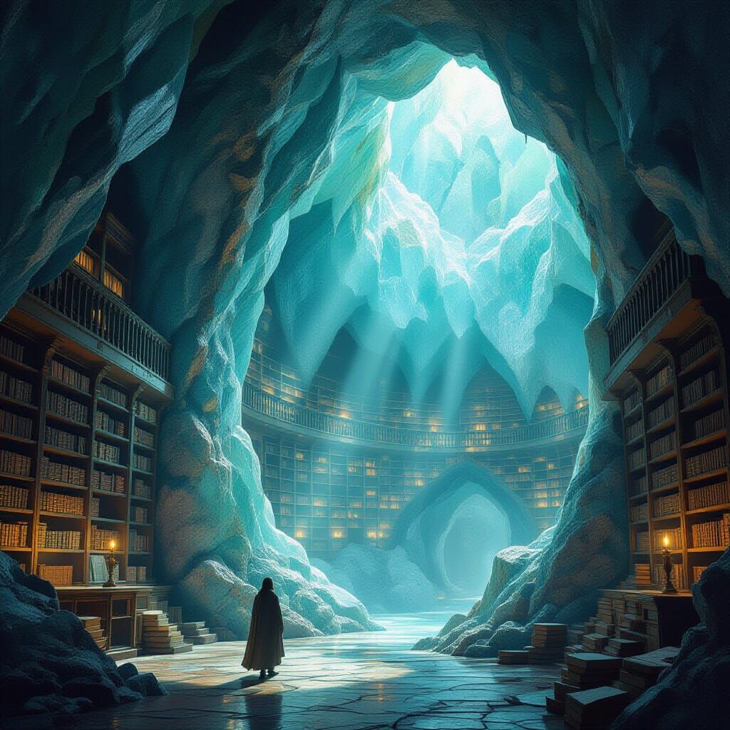 A digital painting depicting a colossal, ancient library carved into the side of a massive geode. Bookshelves stretch endlessly into the cry...