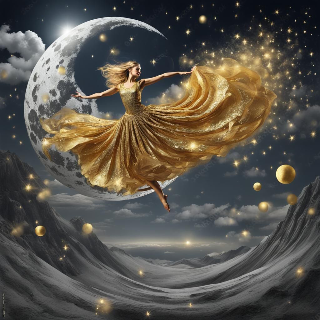 A beautiful golden dancer dances on the silver moon. Surrealism   by @El3ttrikaPsik3