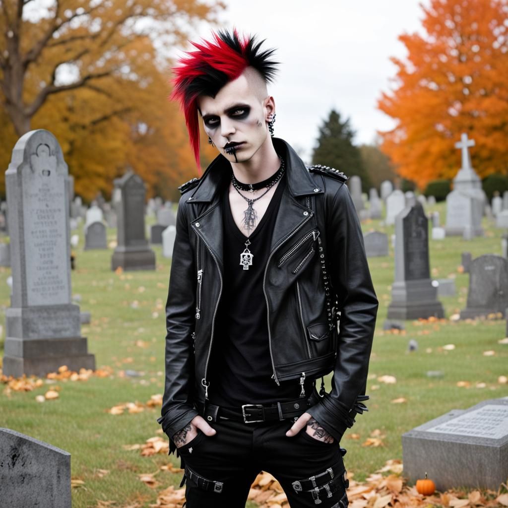 halloween punk goth emo guy at graveyard
