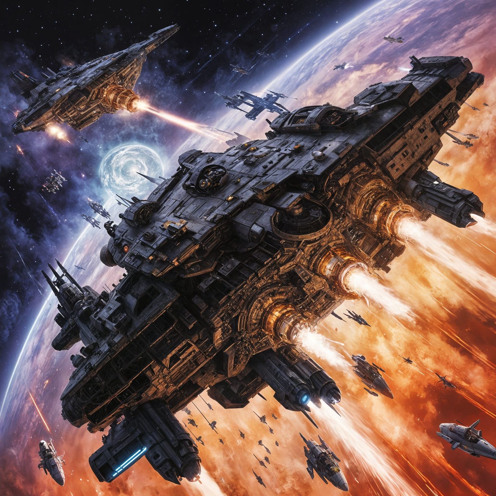 a hyper-realistic cinematic scene set in deep space, depicting a dramatic battle. A massive fleet of ...  by @PWC Digital Art