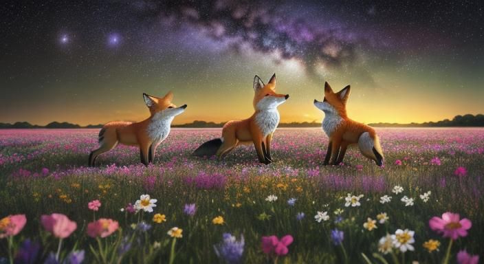 3 foxes playing in a field of flowers with the milky way abo...