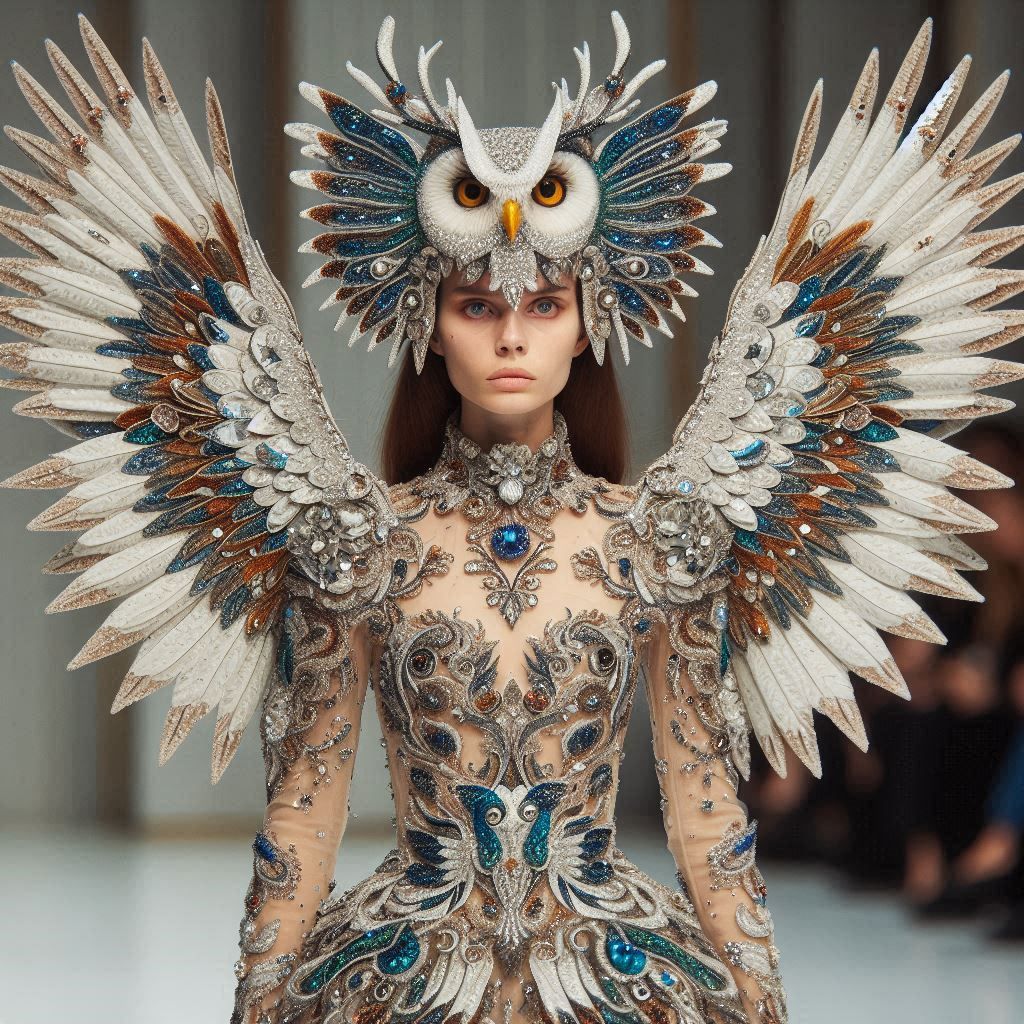 model in a dress designed to look like an owl with spread wi...