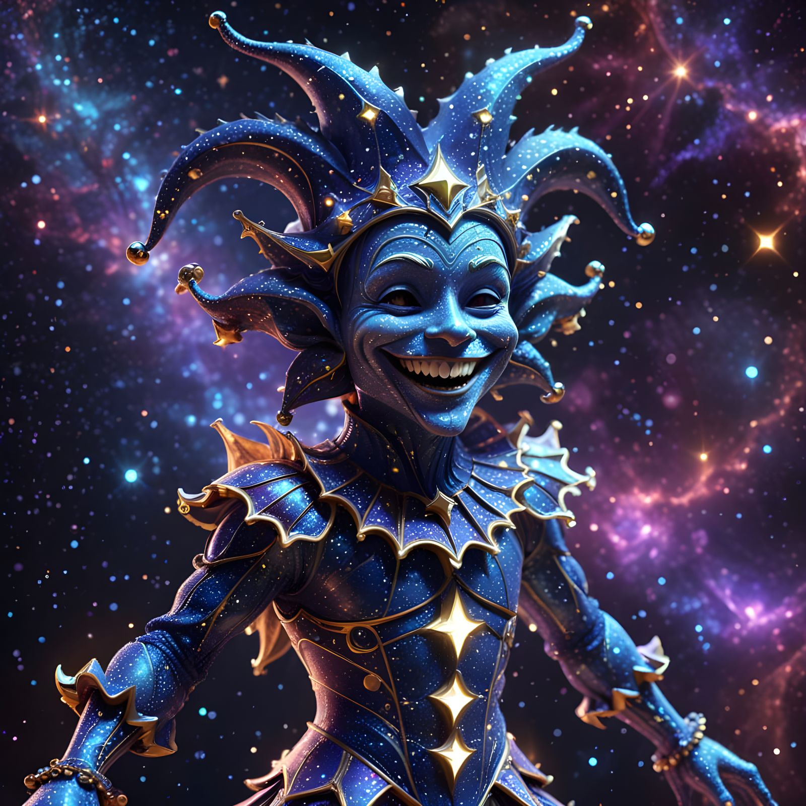 A 3D render of a holographic jester with a wide smile. The jester's body is illuminated with starry lights. ...  by @INEA