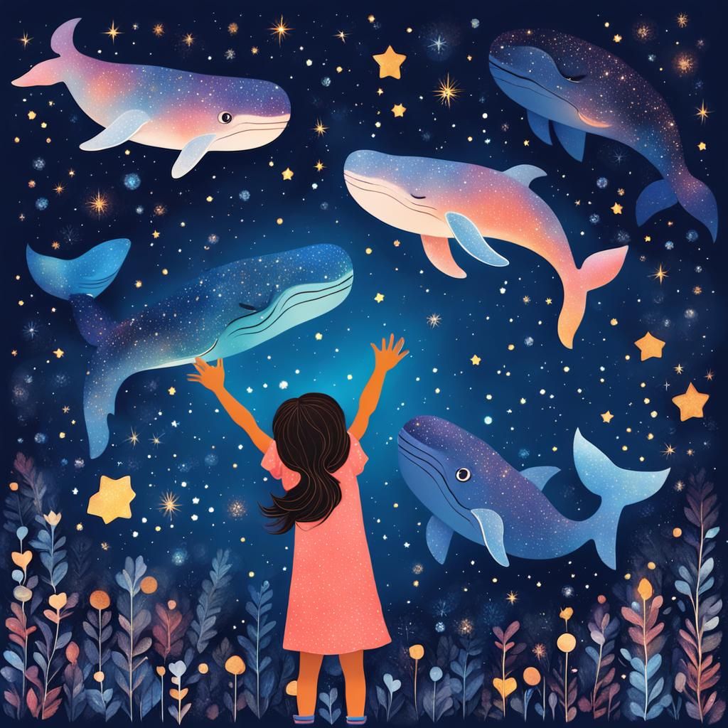 A little cute girl stretches hand to the night sky, stars in...