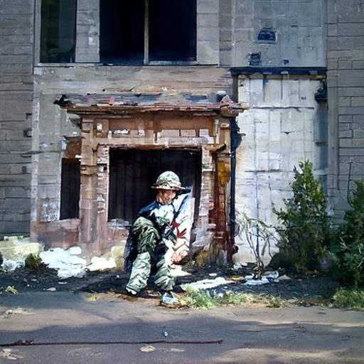 A Soldier from the united states infront of a abandoned buil...