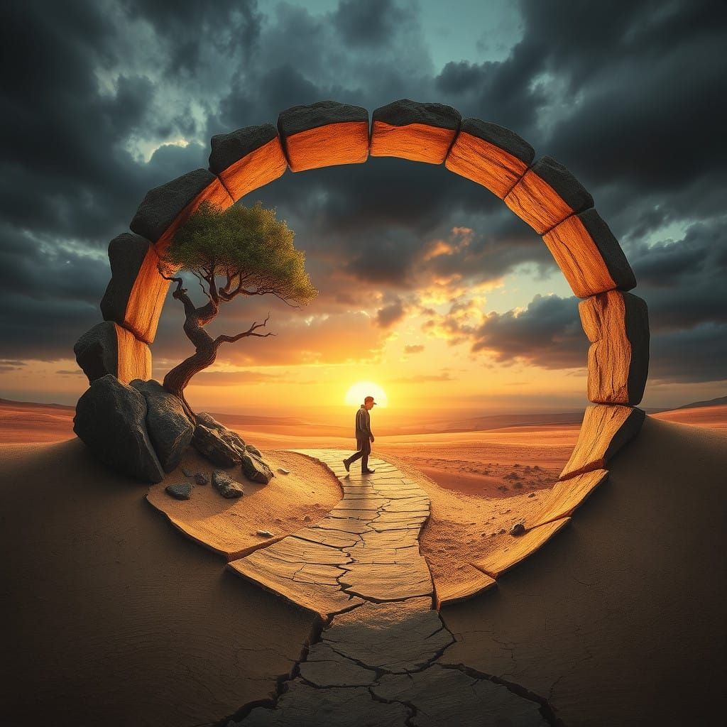 a surreal artwork that depicts a scene within a cracked open half-circular world. The edge of the circle ...  by @Dinsi