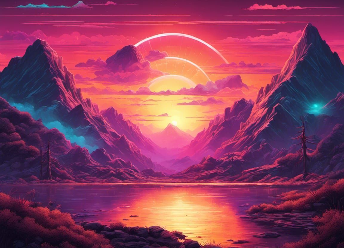 Retro landscape with a Mountain and a big retro sunset, Retro wave ...