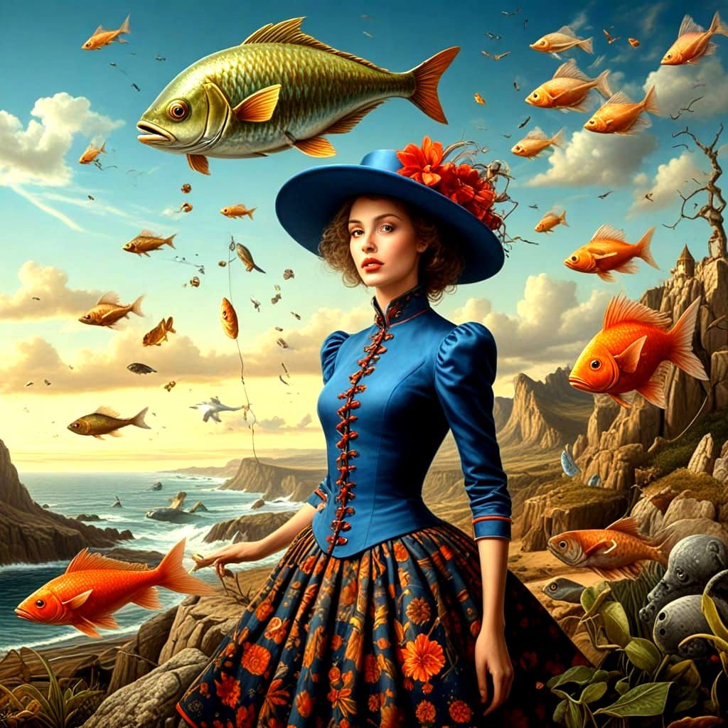 Vibrant Surrealistic Lady in Whimsical Landscape