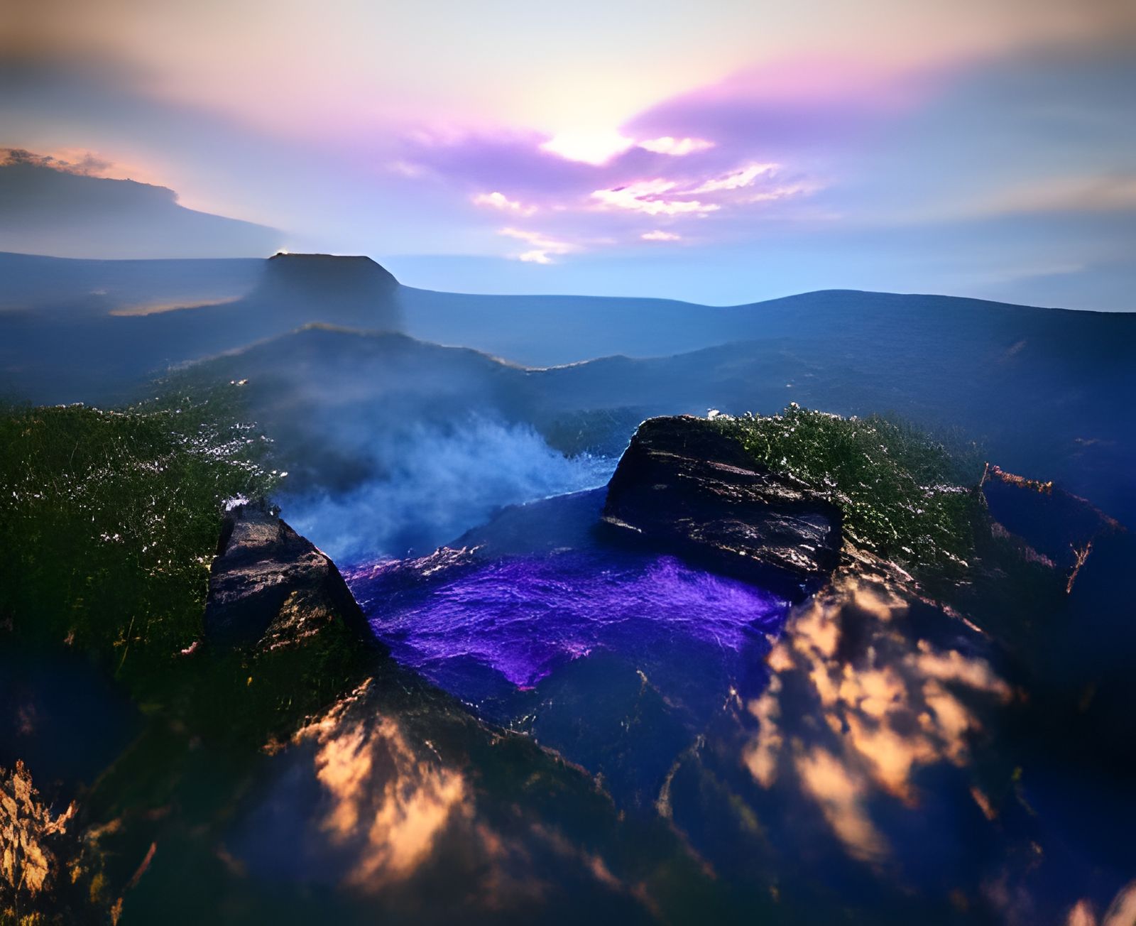 Blue mountains with a purple sky forever stuck in eternal fl...