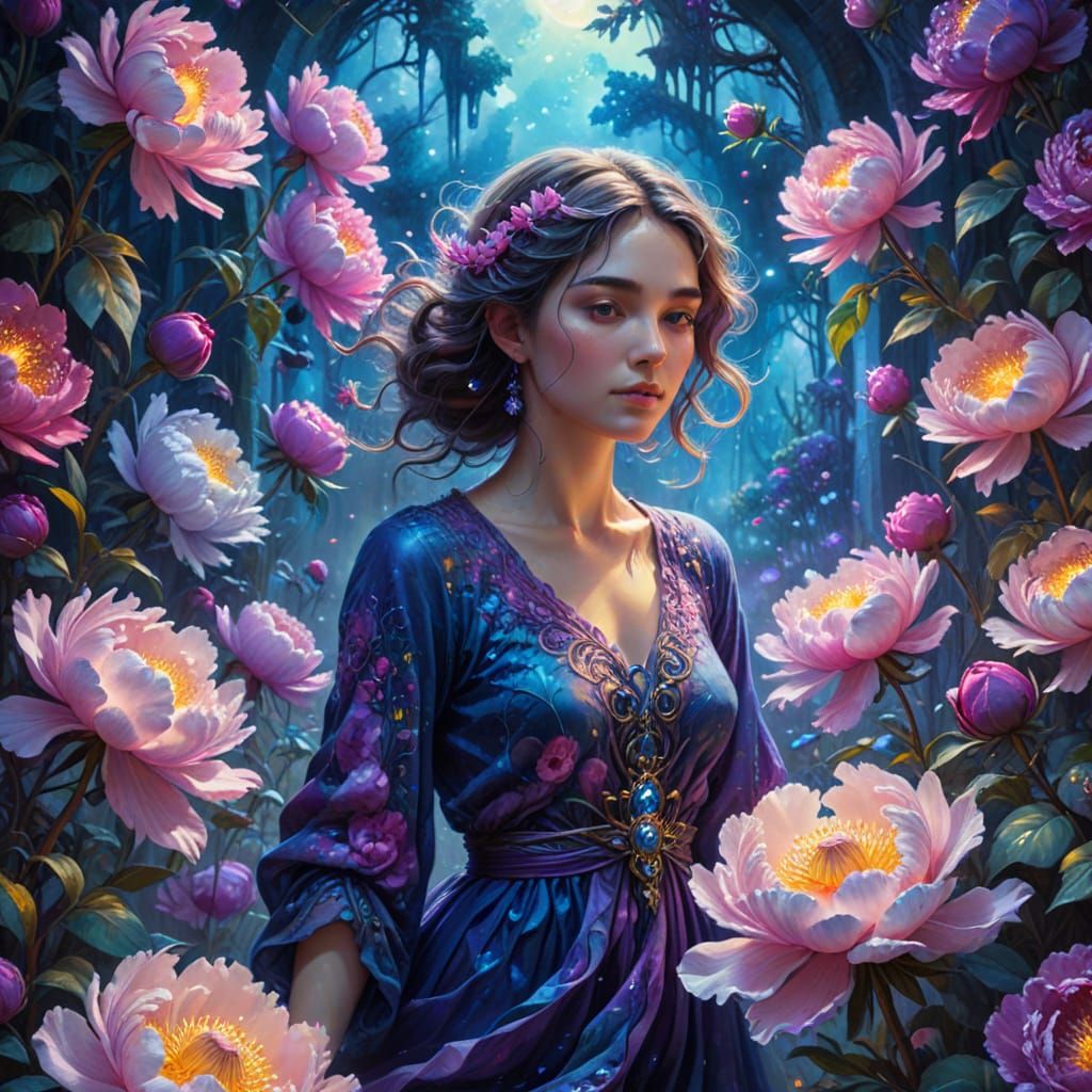 Peony Labyrinth: Fantasy Art in Watercolor Style