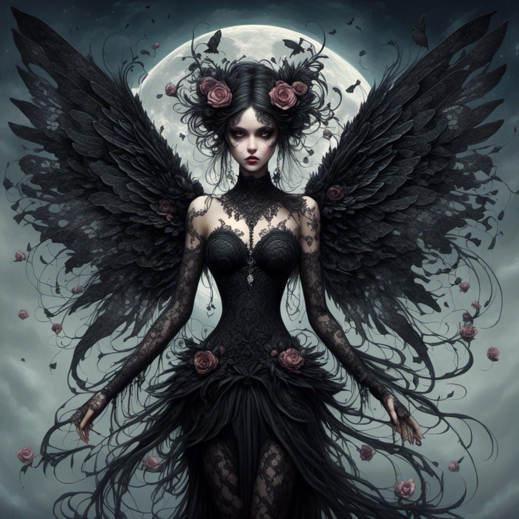 An evil fairy. Huge beautiful black lace wings perfectly placed on her back. Dark fantasy. Hyperdetailed. Macabre. Creepy. Eerie. Moody. Mys...
