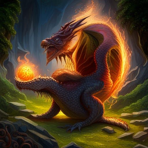 Medieval Dragon Family in Garden with Rainbow