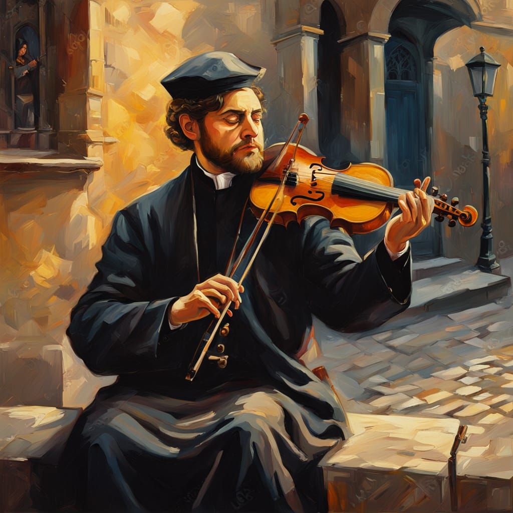 Jewish Violinist Plays in Ancient Street, Gothic Oil Paintin...