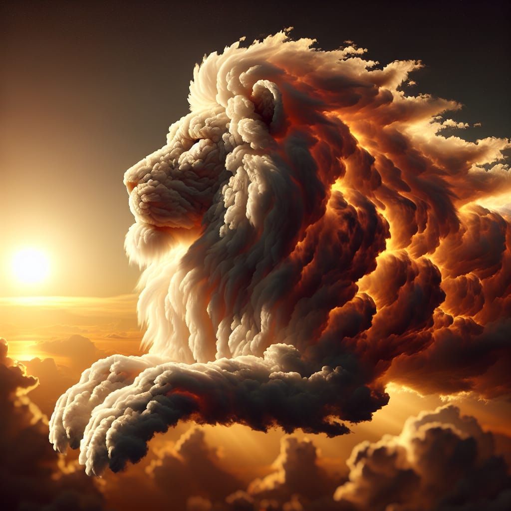 a huge detailed cloudy lion at golden magical sunset  by @jnatas