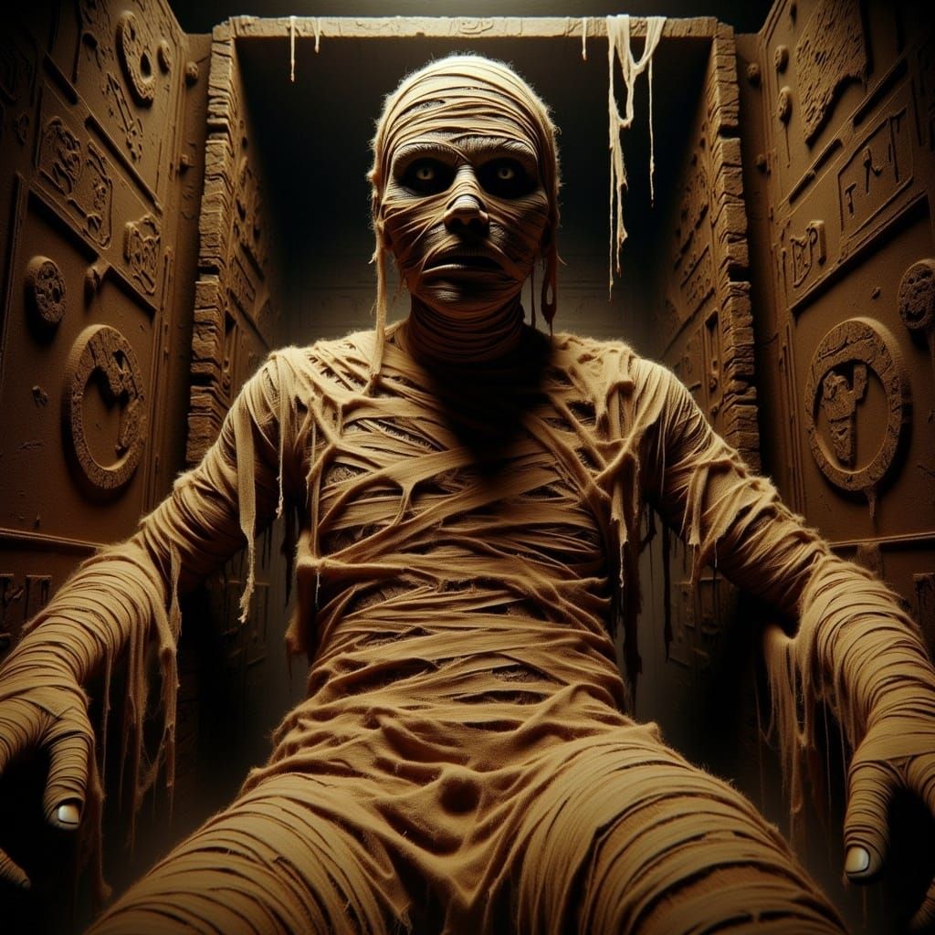 <lora:-The Mummy-:1.0> a mummy crawling out his sarcophagus