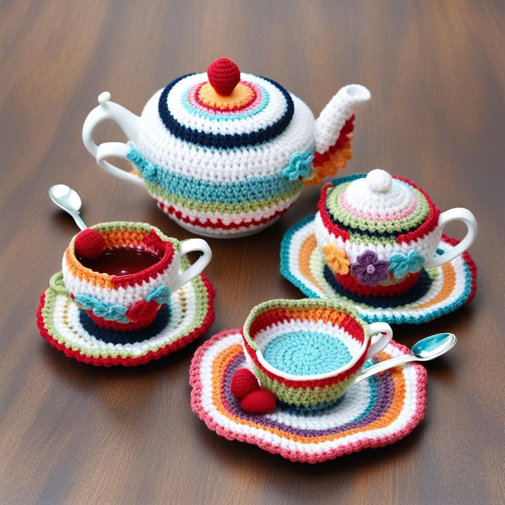teapot teacups sugar plate spoon made with crochet