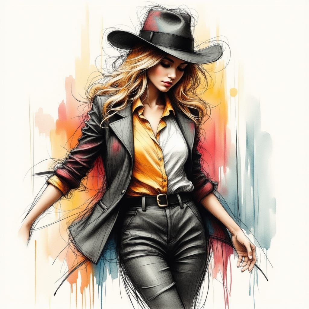 Dynamic Woman in Scribble Style Oil Painting