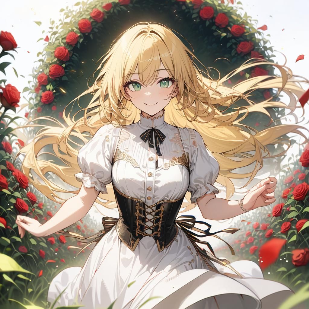 Blonde Woman Running Through Rose Field
