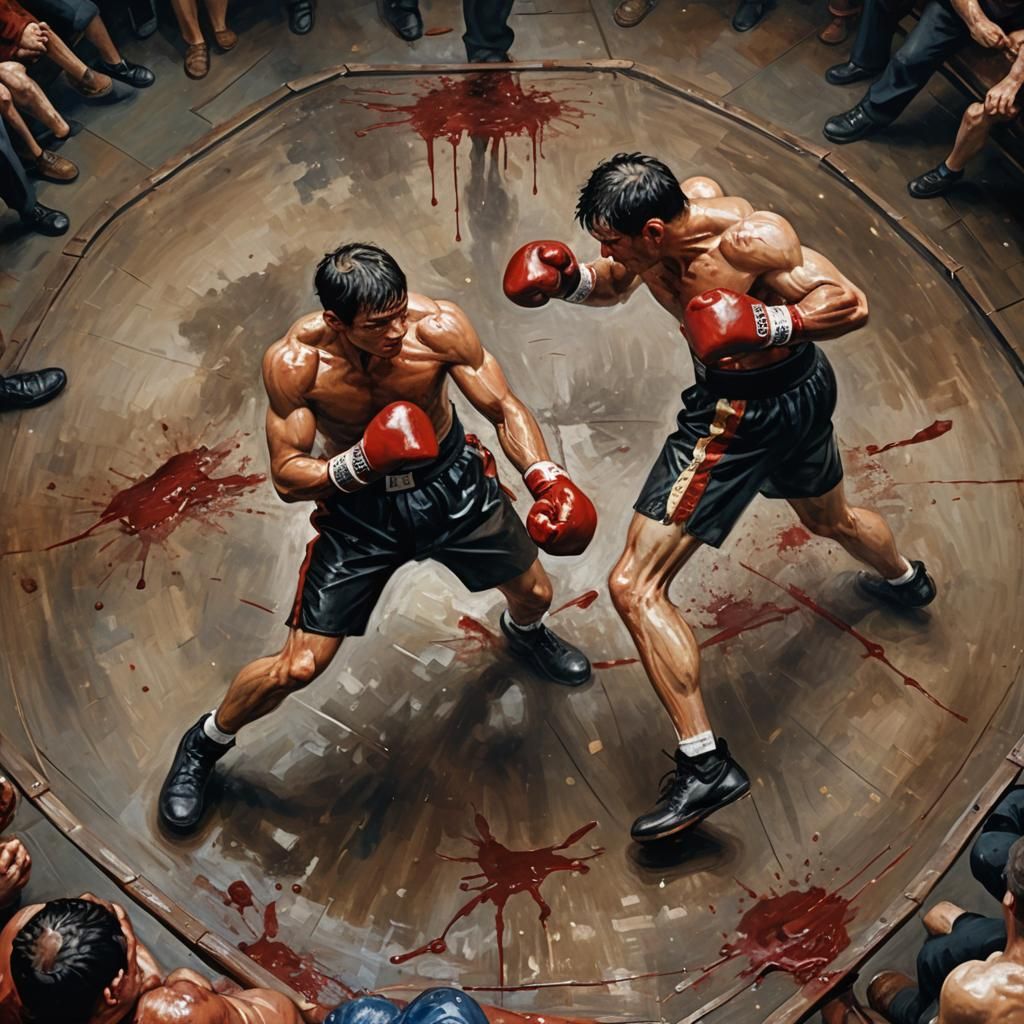 High angle view looking down of Two men in boxing gloves, in...