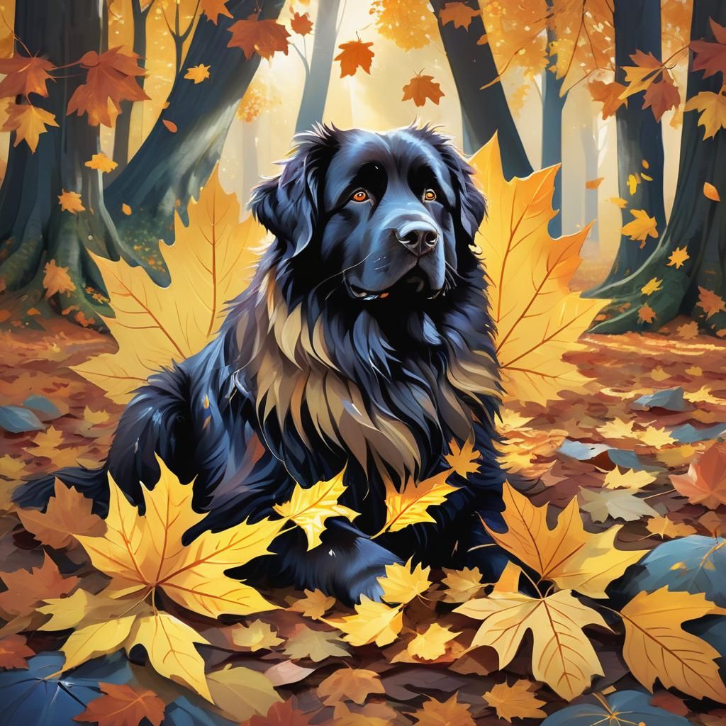autumn Newfoundland dog maple leaf with falling leaves