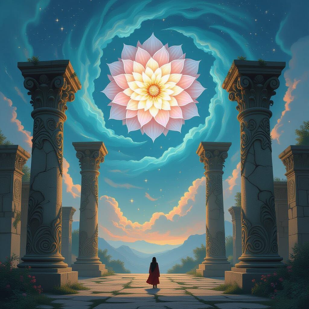 An ancient, forgotten temple dedicated to celestial beings, its stone pillars carved with intricate floral patterns that seem to writhe with...