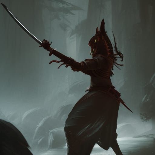 dragonborn female swings her katana through some bamboo