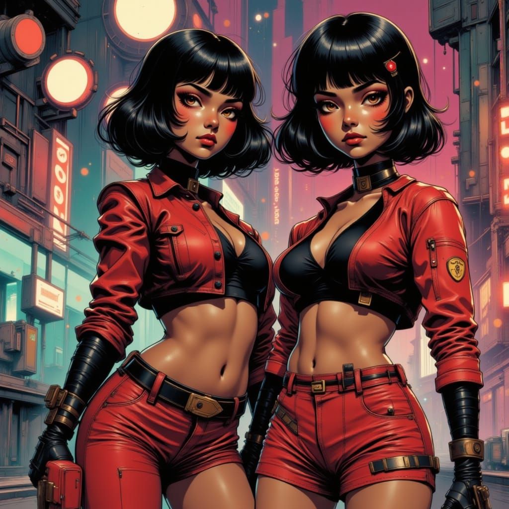 Cyberpunk Anime Duo Poses in Neon-Lit 80s Style
