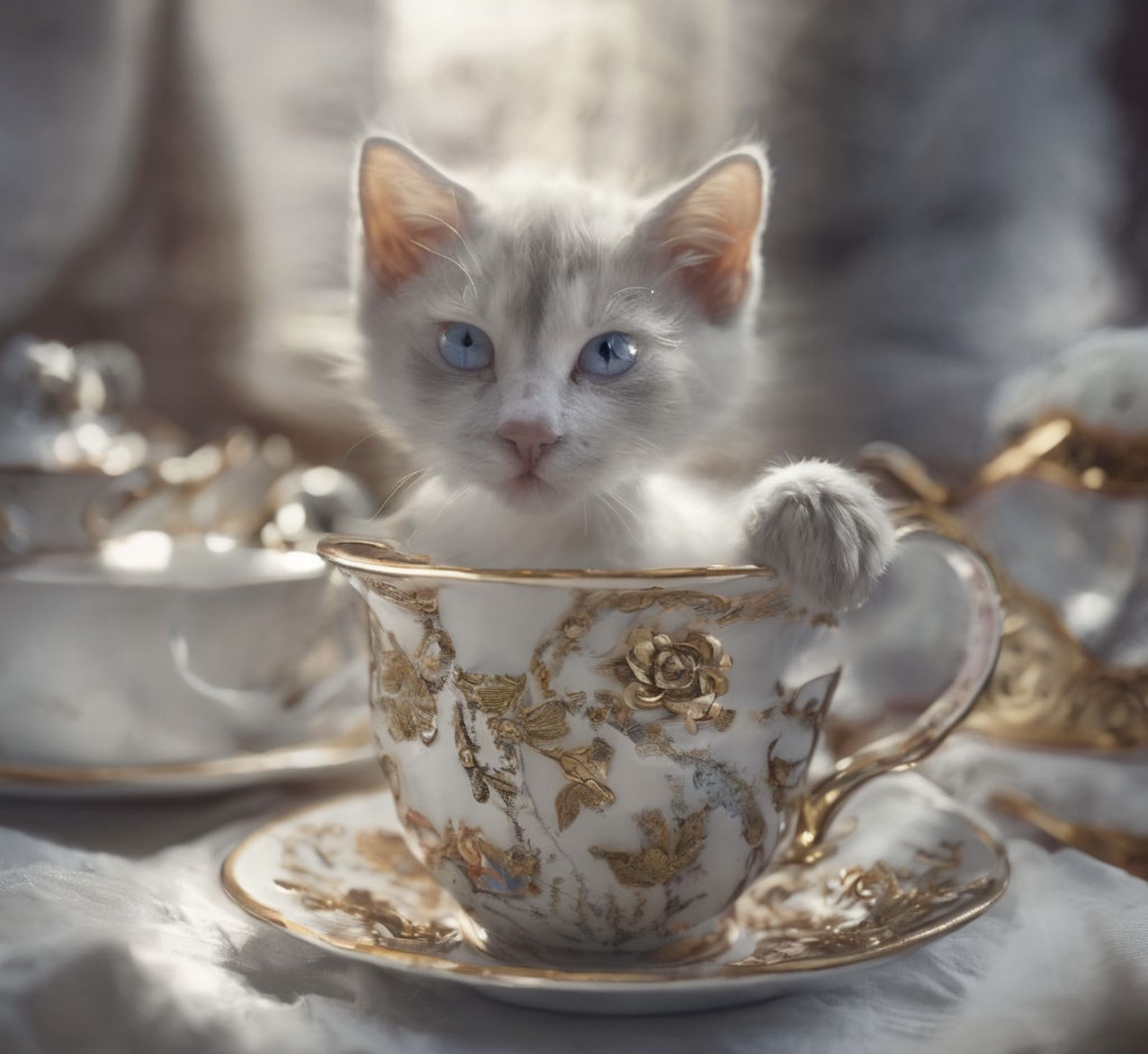 A tiny kitten peeking out of a delicate, floral teacup. bokeh, hypersonic, 8k, stunning quality, realistic,