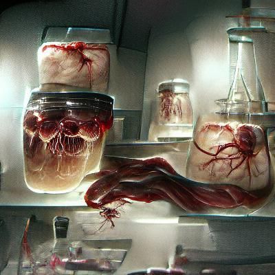 Lab filled with body parts and organs in jars
