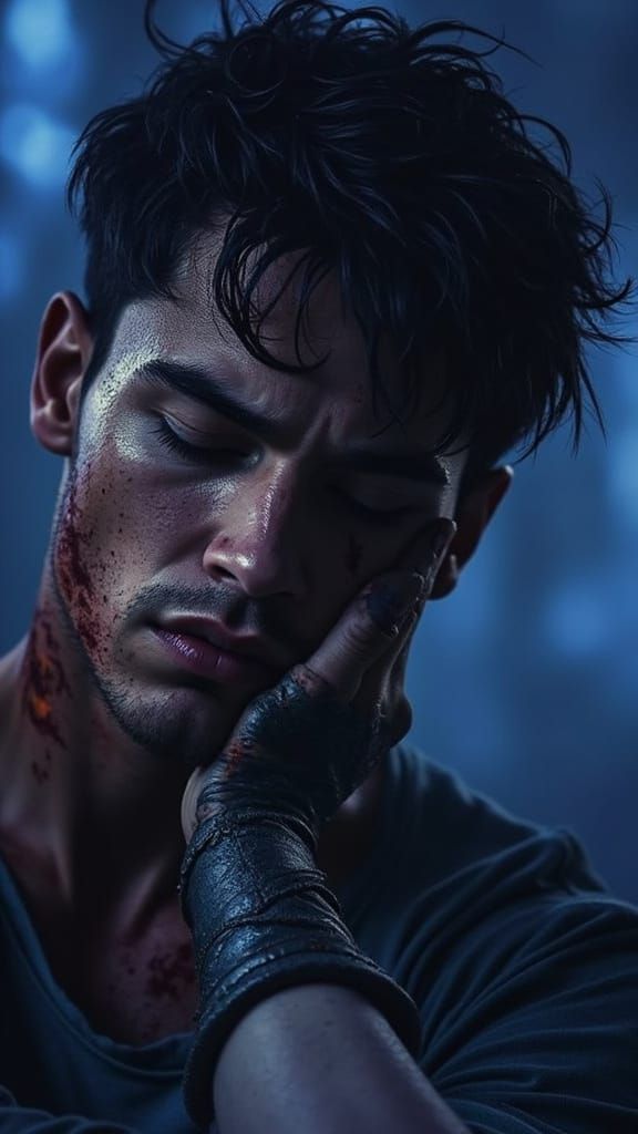 Emotional Portrait of Wounded Man with Tender Hands